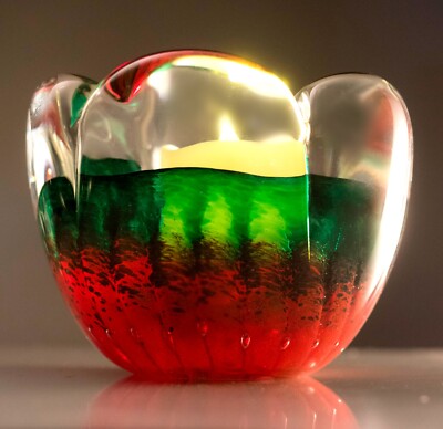 Phönizischer Kerzenhalter aus mundgeblasenem Glas, Malta Teelicht rot grün signiert Weihnachten
