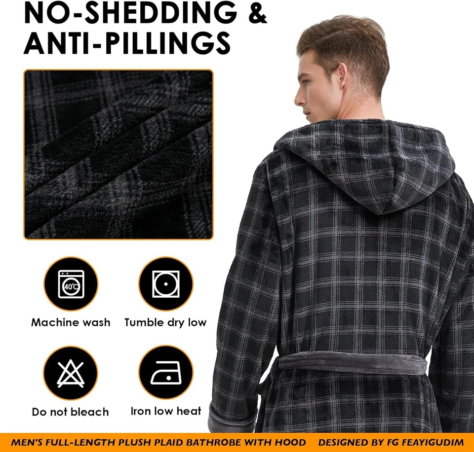 Bata con capucha a cuadros de felpa para hombre, albornoz grande y alto de vellón de longitud completa con capucha Foto 4 de 4