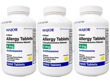Major Allergy Tablets, Chlorpheniramine Maleate 4 mg , 1000 Tablets - 3 Pack