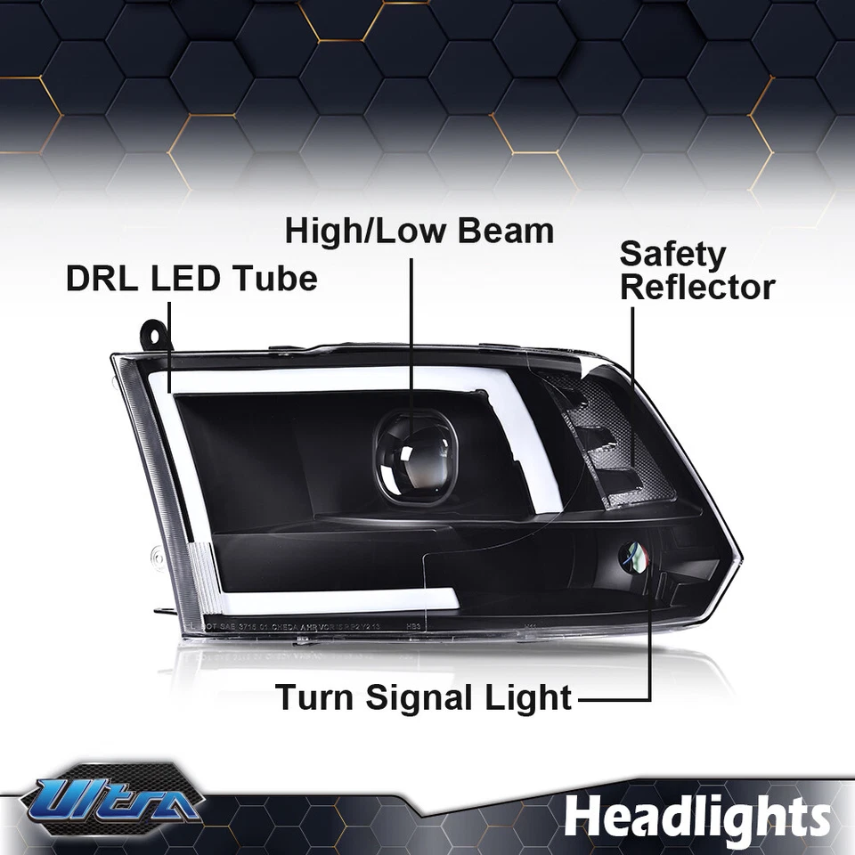 LED DRL Black Headlights Left+Right Fit For 2009-2018 Dodge Ram 1500 2500 3500 - Image 3 of 4