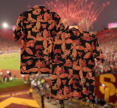 USC Team Trojans NCAA Luau Hawaiian Surfing Print Button Up Casual Shirt Sz. M
