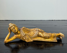 Vintage Large Hand Carved Wood Gold Gilt Reclining Buddha Statue