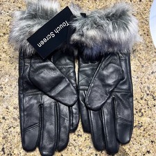 Womens Black Genuine Leather Gloves With  Faux Fur Touch Screen NWT.