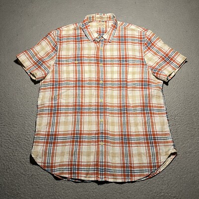 Lucky Brand Short Sleeve Shirt Men's Large Plaid Classic Fit Linen Cotton