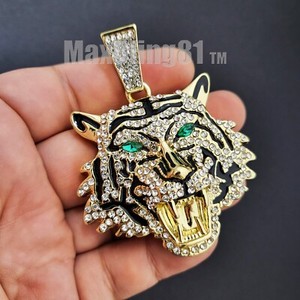 Authentic Gold Plated Large Tiger Pendant & 16" 18" 20" Iced Baguette Stone Chain Necklace