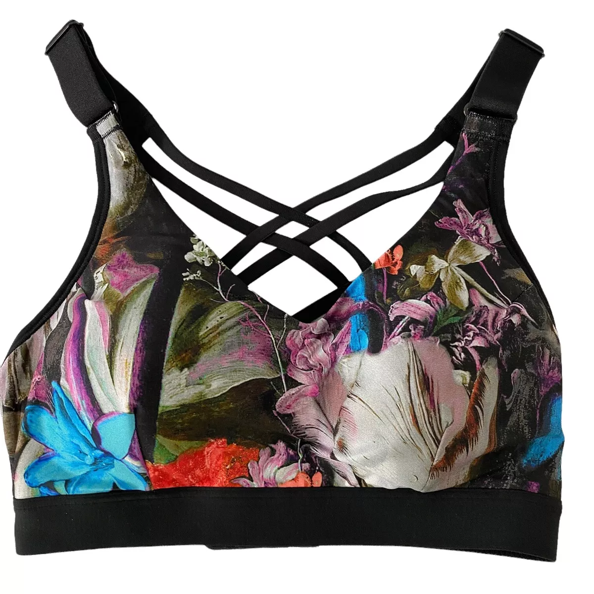 CALIA by Carrie Underwood Sports Bra Black Floral Strappy Back Adjustable  XS