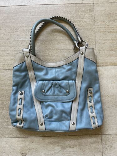 B. Makowsky Marble Blue Leather Tote Bag Handbag L
