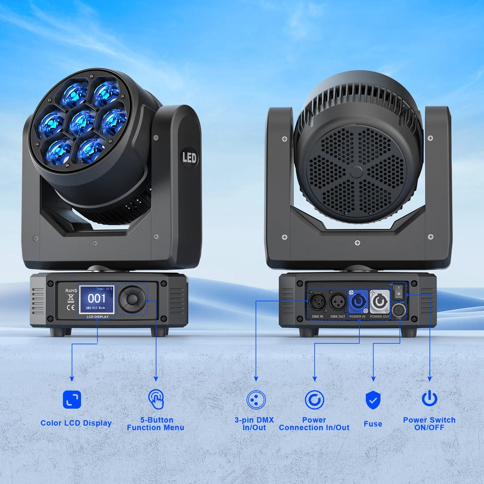 Moving Head RGBW Zoom Wash Beam 7X50W BEE-EYE Bühnenlicht DMX Party Show U`King - Bild 4 von 4