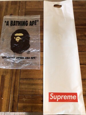 SUPREME & BAPE CLOTHING STORE PLASTIC RED  LOGO TOTE SHOPPING BAGS Lot of 2 G2