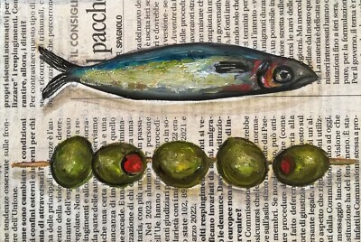 Olive Sardine Painting Original Retro Oil Wall Art Olive Skewer Fish Anchovy