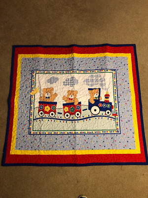 Hand Made Teddy Bears on a Train Baby Crib Quilt Primary Colors 49 x 45 in. New