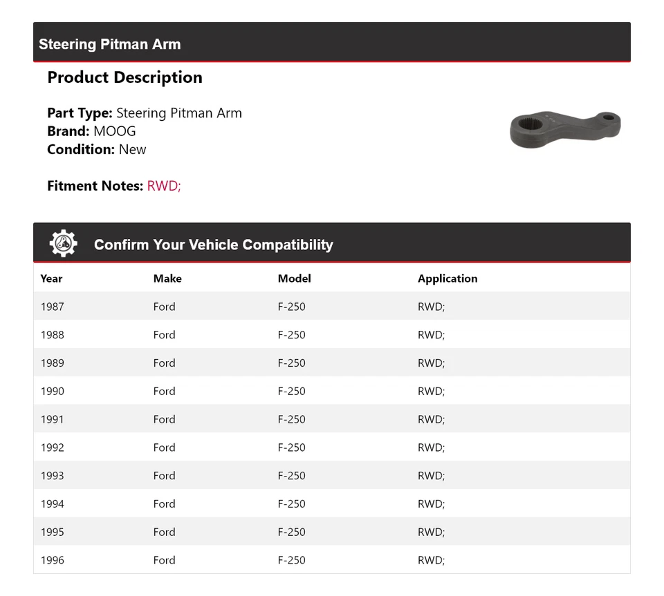 Brazo Pitman de dirección para Ford F-250 1987-1996 tracción trasera MOOG 1987 1988 1989 1990 1991 Foto 2 de 4