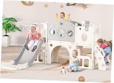 Toddler Slide Set, 8 in 1 Kids Slide with Climber, Indoor Outdoor White gray