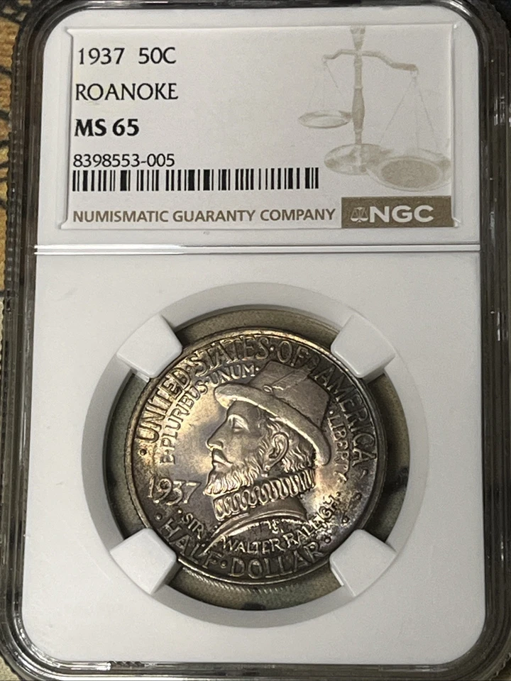 1937 ROANOKE Commemorative Silver Half Dollar 50c ~ NGC MS65 Lustrous Purple - Image 3 of 4