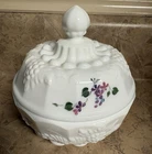 Vtg Fenton White Milk Glass Covered Dish Hand Painted Signed By D Cutshaw