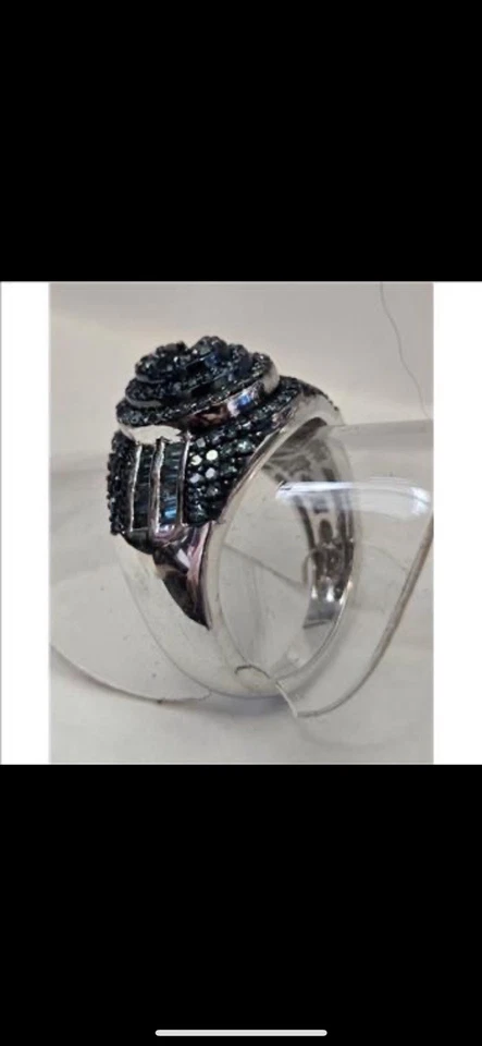 1.01ct Blue Diamond Ring – Platinum-Plated Silver, Oval Baguette Halo – Size 6 - Image 2 of 3