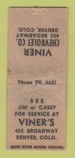 Matchbook Cover - Viner Chevrolet Denver Colorado WORN BOBTAIL