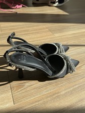 A New Day Black Silver Satin Rhinestone Bow Pointed Toe Strappy Block Heel Shoes