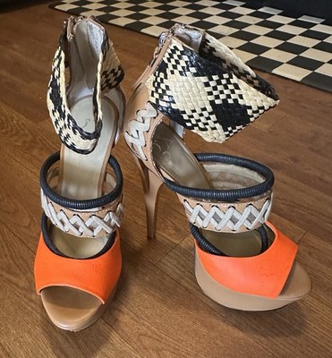 GX by Gwen Stefani Orange Black Boho Chic Woven Stiletto Heels Size 7.5 Clubwear