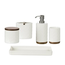 Bathroom Set, 5-Piece Ceramic and Wood Bath Accessory Complete Set with Lotio...
