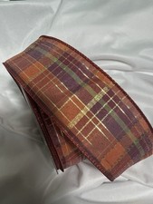 10 Yards 2.5 Inch Wired Ribbon Orange Purple Green Gold Plaid Autumn Fall