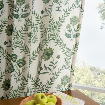 Green Floral Linen Curtains for Living Dining Room 96 Inch Length 2 Panels
