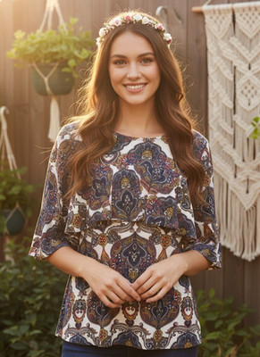 Jules Leopold L Top Blue Paisley Boho Hippie Psychedelic Ruffle Artsy Indie Chic