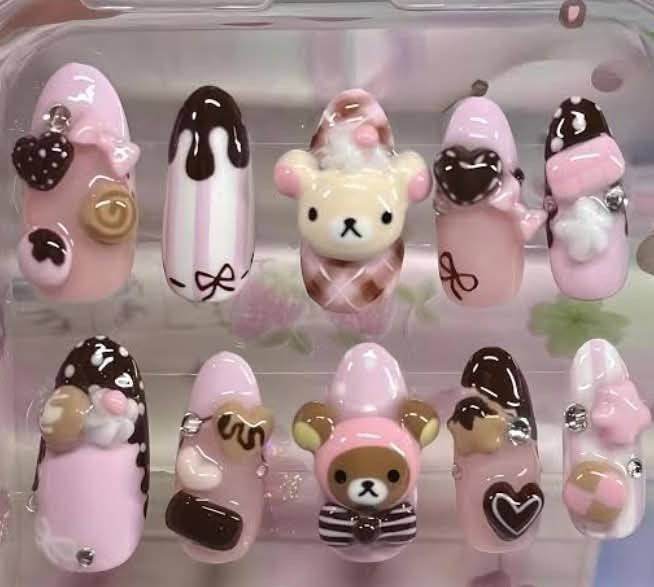 3D Bear Theme Press-On Nails Long Coffin Full Cover Pre-Designed Pink Brown