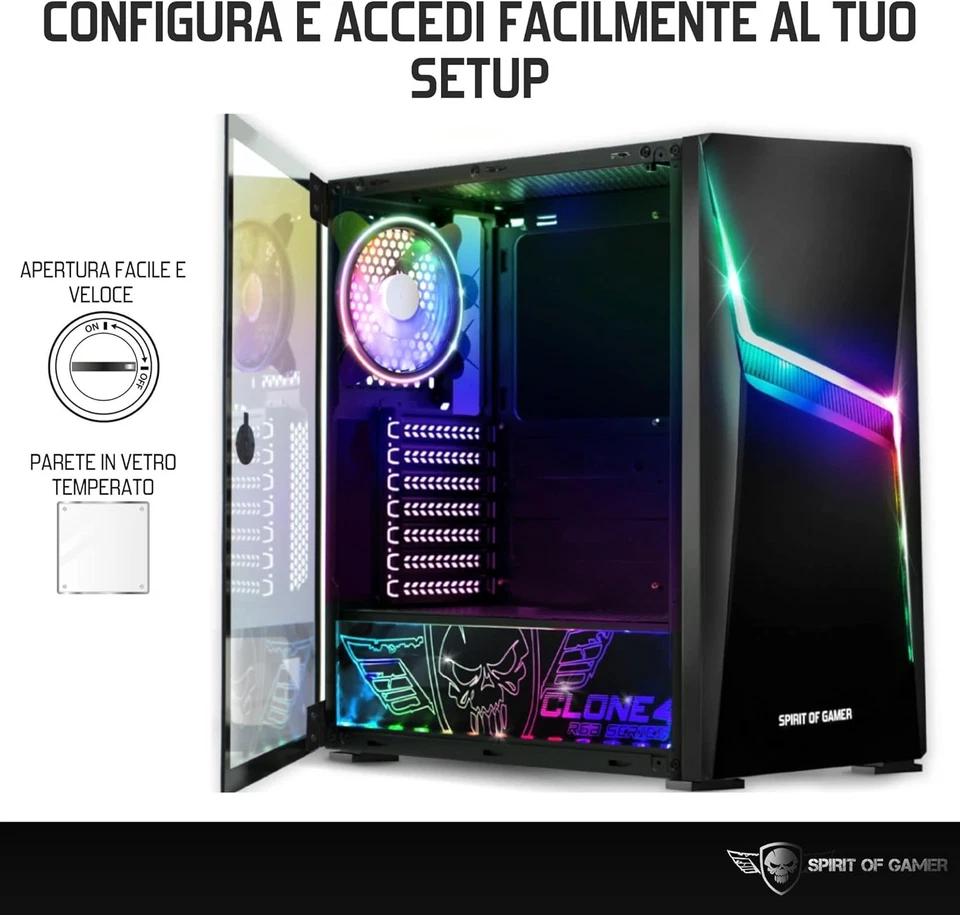 - CLONE 4 - Case PC Gaming RGB Con Parete Trasparente in Vetro Temperato - Crea  - Immagine 4 di 4