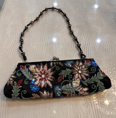 Vintage CATO Floral Beaded Embroidered Sequined Evening Bag. Beaded Chain.