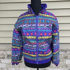 Vintage 90s Reversible Winter Sport Youth Jacket Purple Nylon Fleece Aztec Print