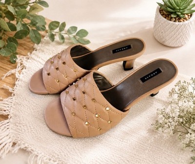 Array Nude Studded Mule Heels Quilted Slide Sandals Size 9.5M