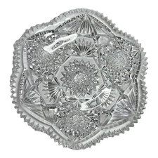 Antique Amercian Brilliant Cut Glass 7” Plate Center Hobstar Made in USA 1900s