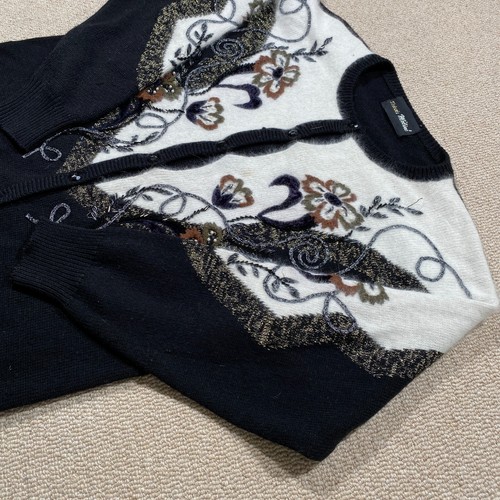 Cárdigan VINTAGE Angora Mujer XL 16 Negro Blanco Mezcla Lana Lentejuelas Floral Tejido - Imagen 2 de 14