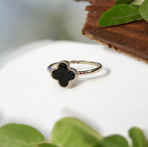 Natural Black Onyx Clover Ring 925 Sterling Silver Handmade Women's Jewelry Gift - 第 1/6 張圖片