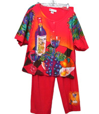 Art to Wear Marguerita Painted Button Shirt WINE Vtg Pull-on Pants PINK XL READ