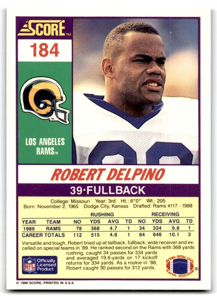 1990 Score Robert Delpino Los Angeles Rams #184 - Image 2 of 2