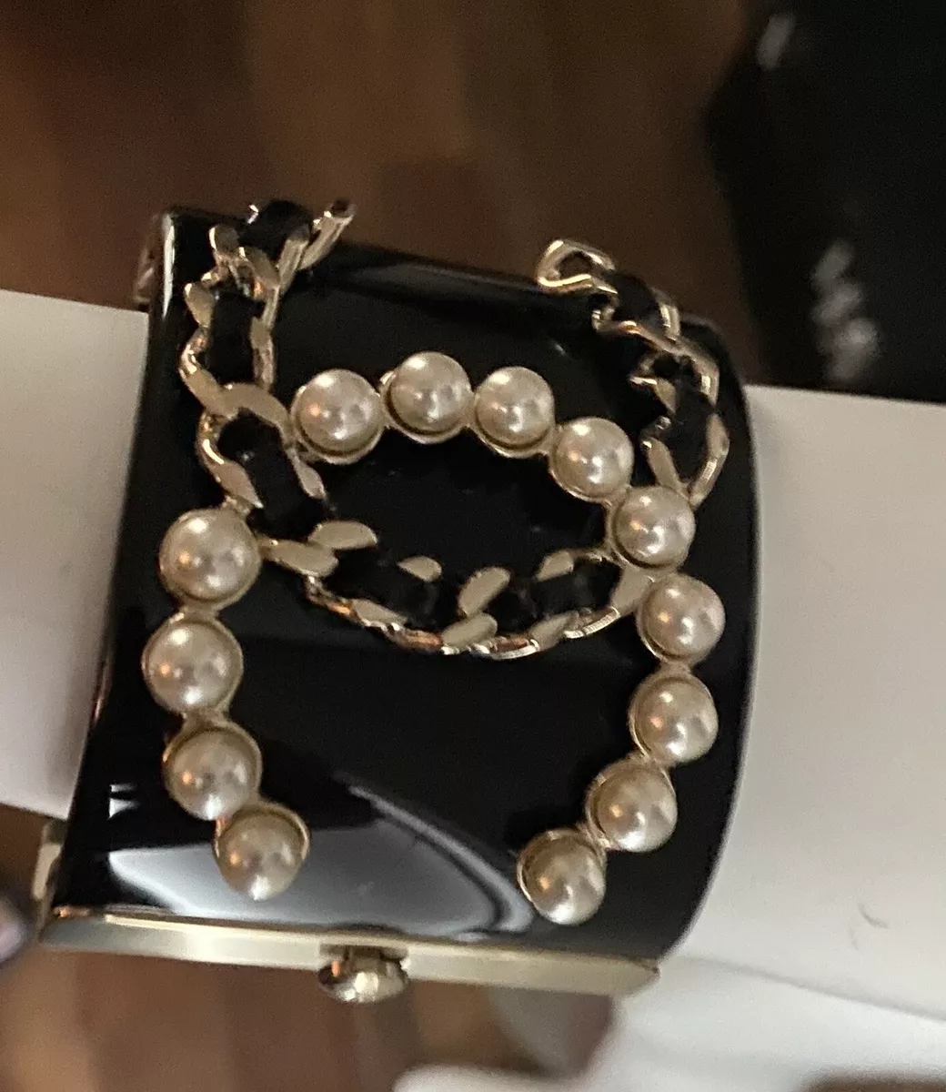 Chanel Black Acrylic and Imitation Pearl Gold Metal CC Cuff