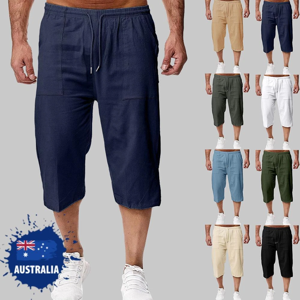 Mens 3 4 Length Linen Shorts Elastic Waist Loose Casual Drawstring