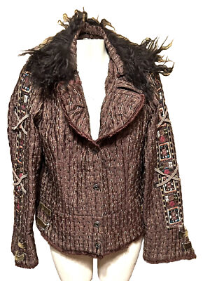 Alberto Makali Embroidery Sequin Bead Jacket Detachable Faux Fur Collar L