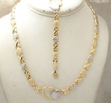 Double Open Hearts Kisses Bracelet Necklace Set 10K Two-Tone Gold Plated Silver