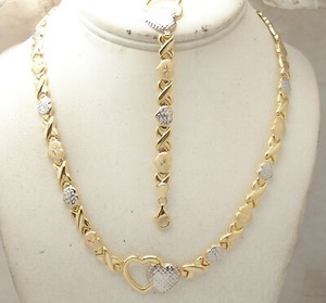 Authentic Double Open Hearts Kisses Bracelet Necklace Set 10K Two-Tone Gold Plated Silver