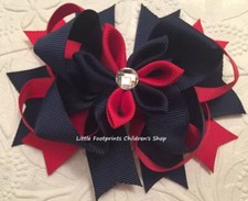 Red  Navy Flower Hair Bow with Jeweled Center 4 1/2"