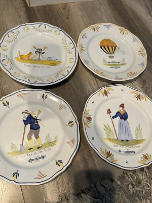 Rare HTF 4 Vintage Henriot Quimper French Pottery 10” Dinner