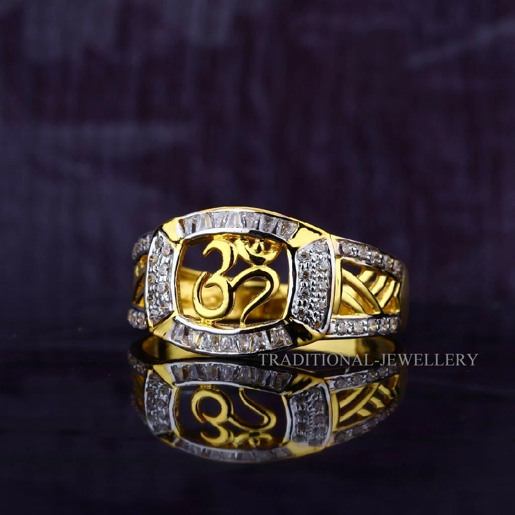 Om God Gold Mens Ring 22k Yellow gold Cubic Zircon Rhodium Color