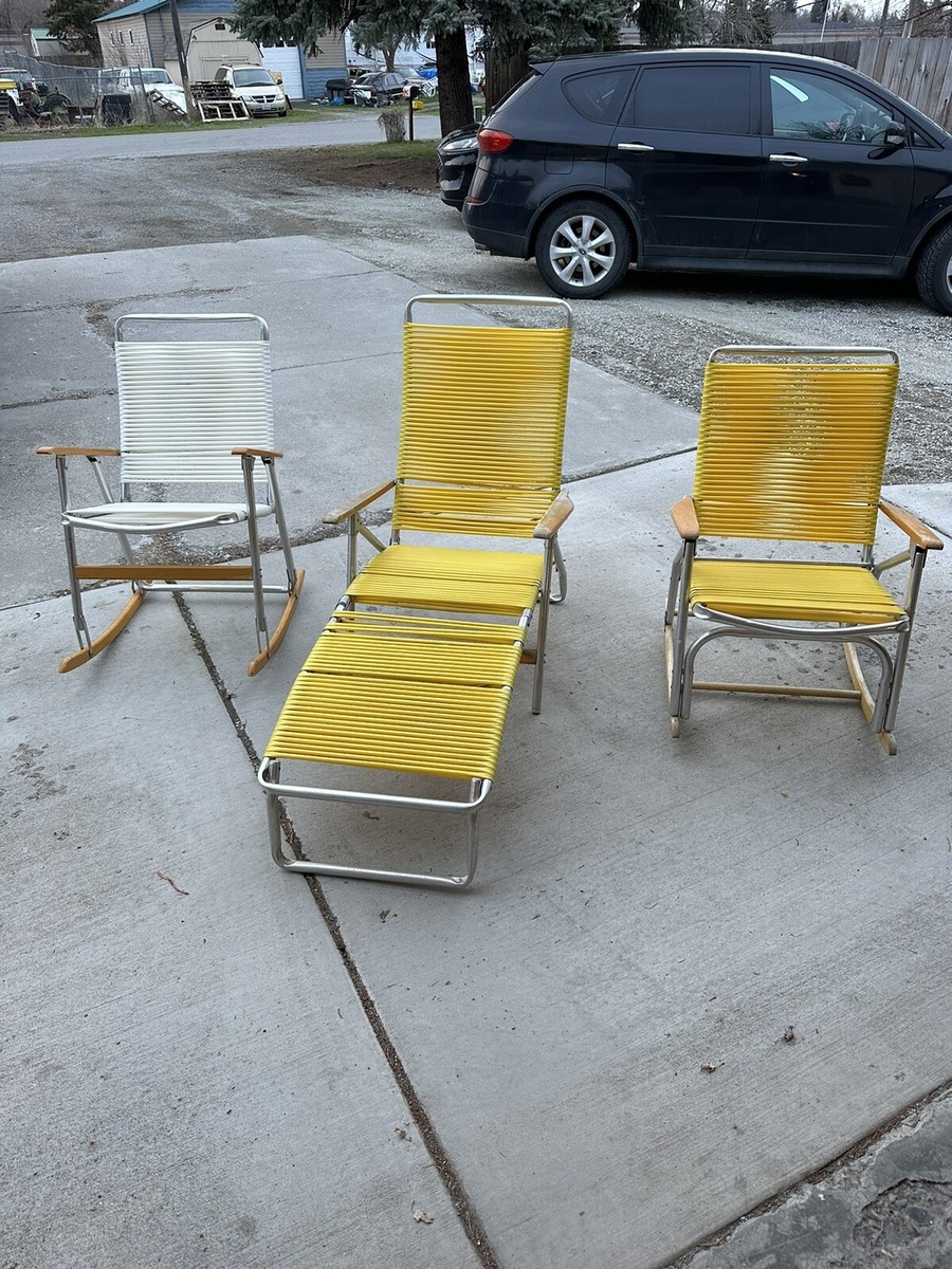 Vintage Telescope Aluminum Lawn Chairs Wood Arms -Retro Yellow