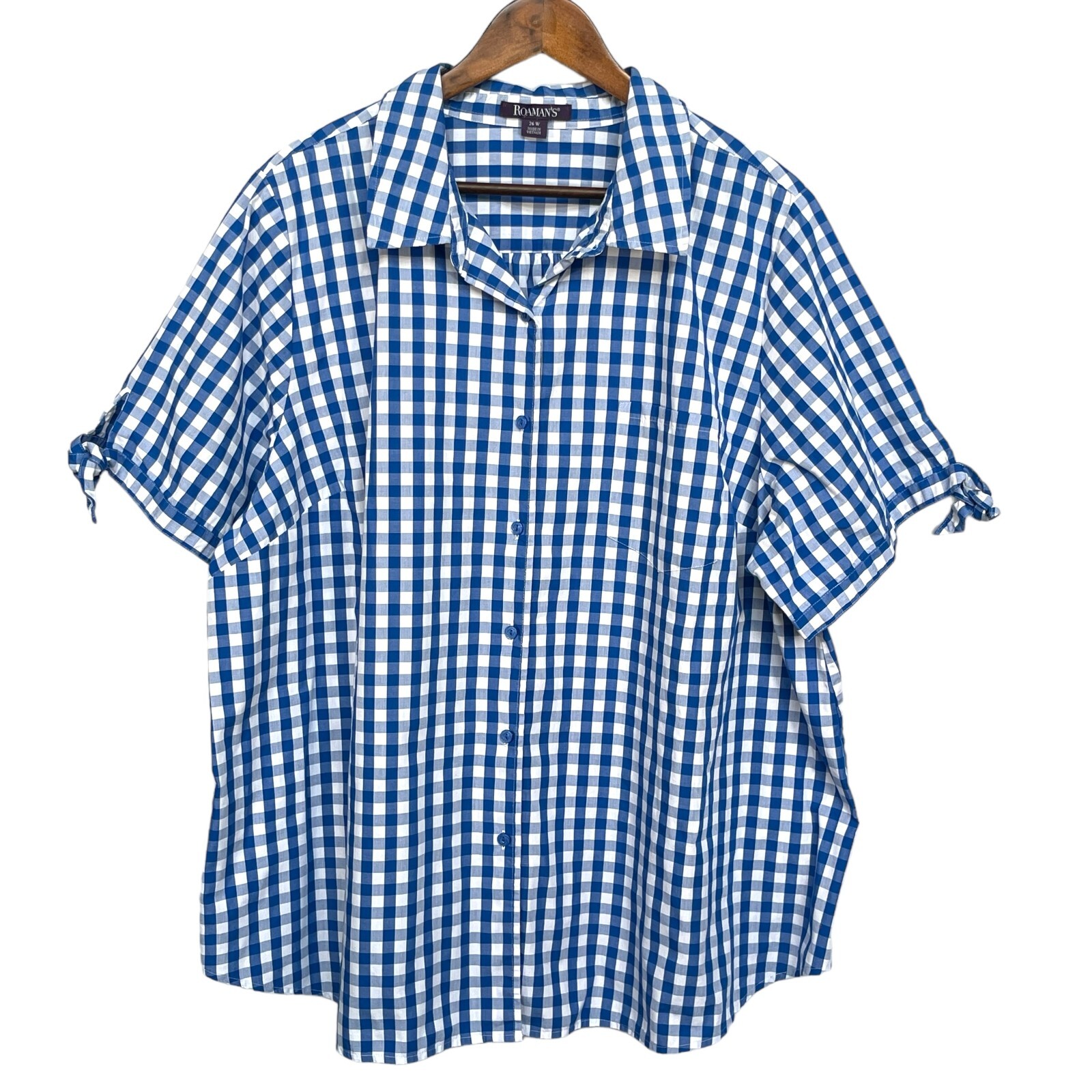 Roaman's Button Up Top Women Size 26W Blue Gingham Plaid Short Sleeve Collared