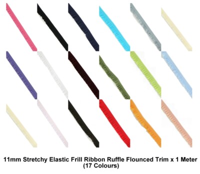 11 mm dehnbar elastisch Rüschenband Rüschen Volant Borte x 1 Meter (17 Farben)