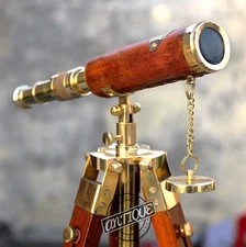 Vintage Leather Cover Victorian Style Telescope on Stand Wooden tripod Desk