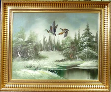 UNINDENTIFIED ARTIST! WINTER LANDSCAPE WITH FLYING DUCKS. NO RESERVE